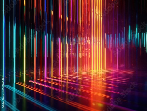 Neon lights Chromatic Holographic vertical lines on dark background Created with Generative AI technology.