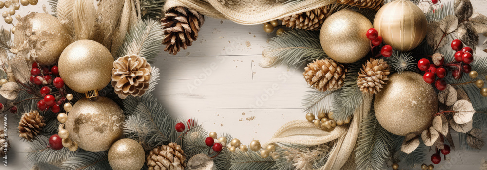Obraz premium A Christmas background wreath covered with Christmas decoration on white wood. Generative ai
