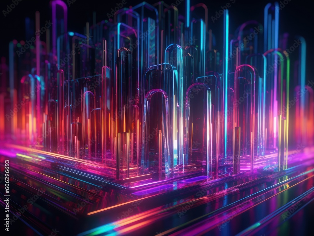 Neon lights Chromatic Holographic lines on dark background Created with Generative AI technology.