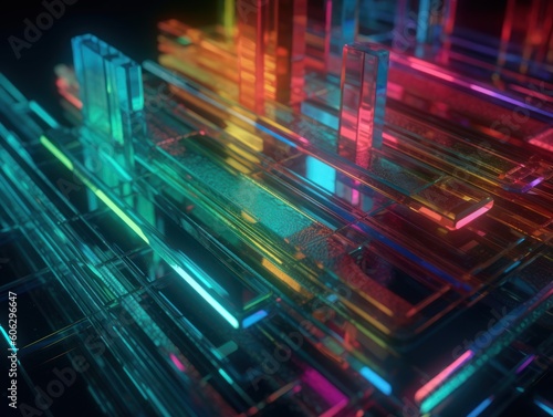 Neon lights Chromatic Holographic cubes on dark background Created with Generative AI technology.