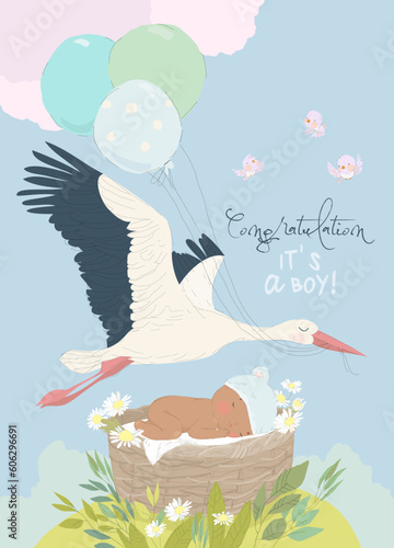 Stork delivering Baby Boy. It s a Boy. Baby Shower Card