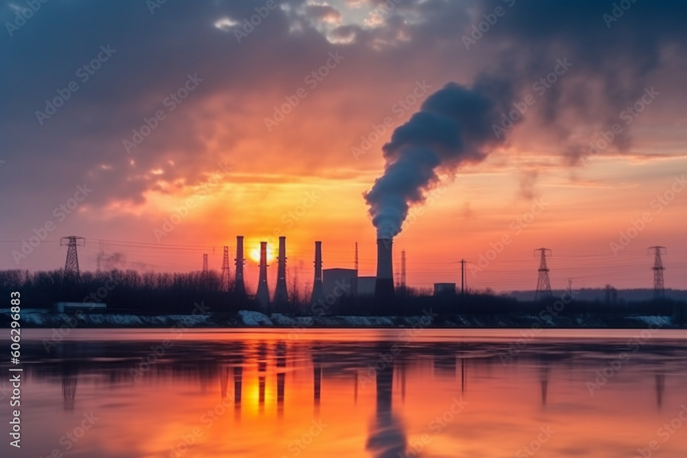 Industrial landscape of plant pipes producing toxic smoke with air pollution in the sky on sunset hydroelectric dam and high voltage towers Zaporizhzhia Ukraine
