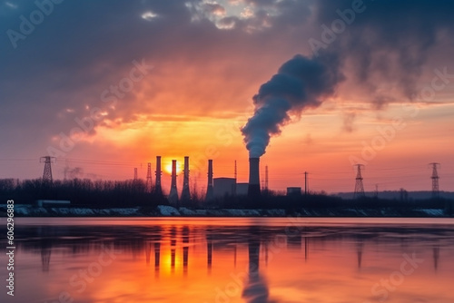 Industrial landscape of plant pipes producing toxic smoke with air pollution in the sky on sunset hydroelectric dam and high voltage towers Zaporizhzhia Ukraine