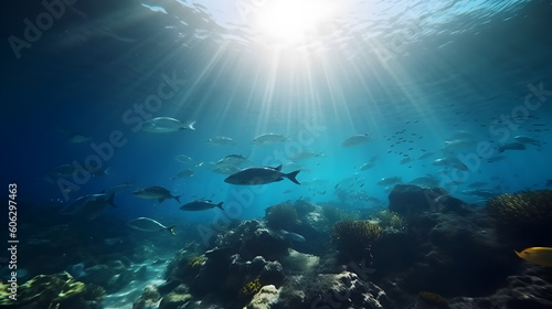 Beautiful underwater view of the coral reef. Life in the ocean. School of fish. Generative AI