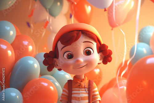 Pretty charming caucasian red-haired girl on holiday, cute smiling child in hat on background of balloons, birthday or party. Volumetric illustration of Generative AI