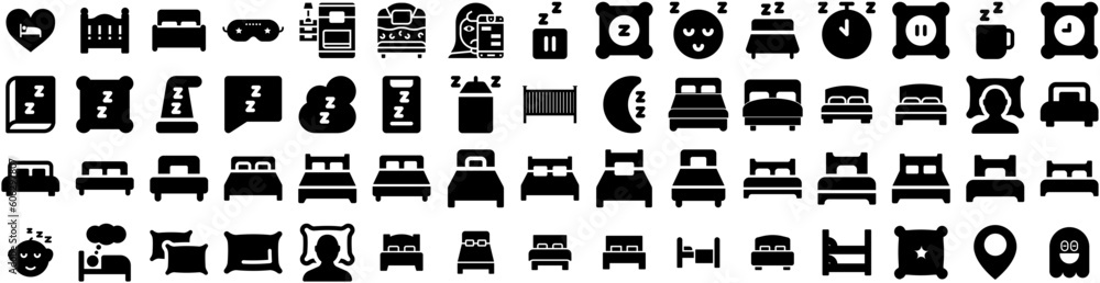 Set Of Sleep Icons Isolated Silhouette Solid Icon With Bedroom, Night, Pillow, Bed, Dream, Sleep, Relax Infographic Simple Vector Illustration Logo Set Of Sleep Icons Isolated Silhouette Solid Icon With Bedroom, Night, Pillow, Bed, Dream, Sleep, Relax Infographic Simple Vector Illustration Logo
