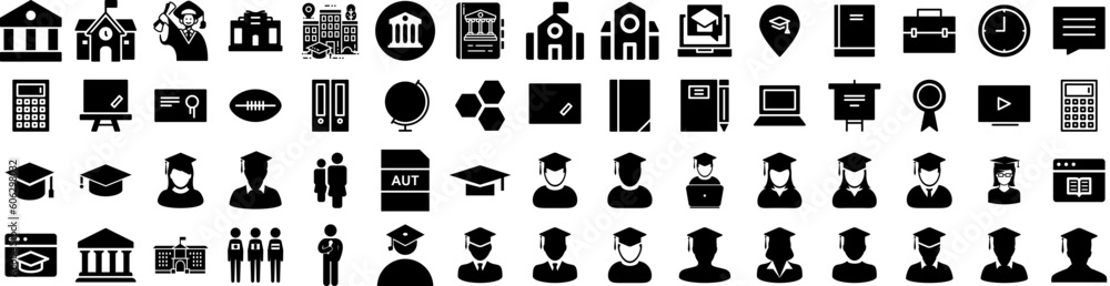 Set Of University Icons Isolated Silhouette Solid Icon With Learning, People, College, School, Education, Student, University Infographic Simple Vector Illustration Logo Set Of University Icons Isolated Silhouette Solid Icon With Learning, People, College, School, Education, Student, University Infographic Simple Vector Illustration Logo