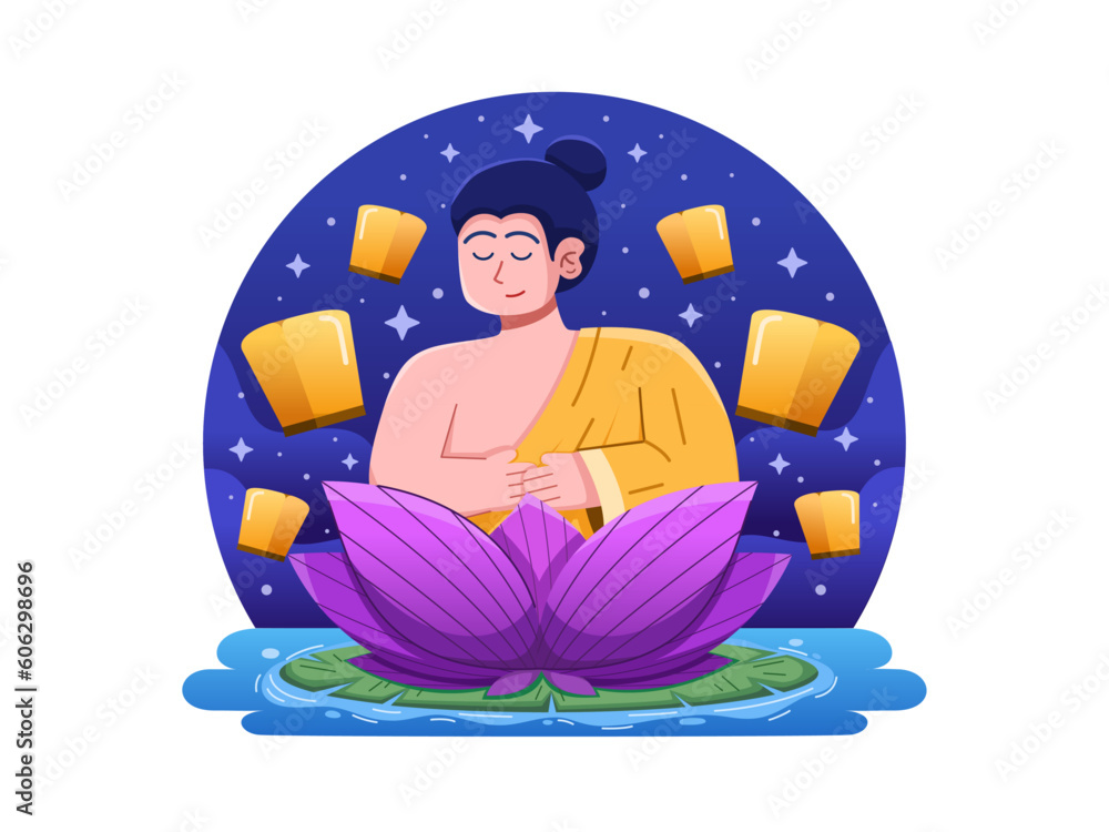A vector illustration of Buddha's Vesak Day, featuring a meditating monk seated atop a blooming lotus flower.
a Budha monk meditating in peaceful.
perfect for greeting card, postcard, banner, etc A vector illustration of Buddha's Vesak Day, featuring a meditating monk seated atop a blooming lotus flower.
a Budha monk meditating in peaceful.
perfect for greeting card, postcard, banner, etc
