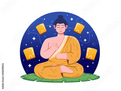 A vector illustration of Buddha's Vesak Day, featuring a meditating budha monk at top seated lotus leaf.
a Budha monk meditating in peaceful.
perfect for greeting card, postcard, banner, etc