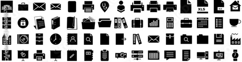 Set Of Office Icons Isolated Silhouette Solid Icon With Desk, Work, Table, Business, Computer, Office, Modern Infographic Simple Vector Illustration Logo