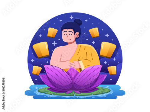 A vector illustration of Buddha's Vesak Day, featuring a meditating monk seated atop a blooming lotus flower.
a Budha monk meditating in peaceful.
perfect for greeting card, postcard, banner, etc