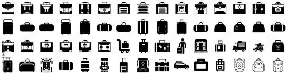 Set Of Luggage Icons Isolated Silhouette Solid Icon With Bag, Journey, Vacation, Travel, Luggage, Tourism, Baggage Infographic Simple Vector Illustration Logo Set Of Luggage Icons Isolated Silhouette Solid Icon With Bag, Journey, Vacation, Travel, Luggage, Tourism, Baggage Infographic Simple Vector Illustration Logo