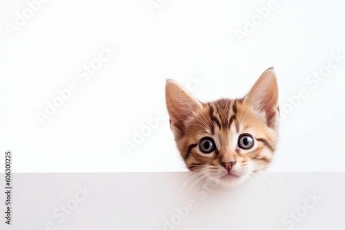 Kitten head with paws up peeking over blank white sign placard, Pet kitten curiously peeking behind white background, Tabby baby cat showing placard template,Long web banner with copy space