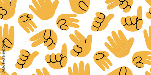 A pattern of signs with the hands of counting up to five. Repeated curved fingers like numbers. Round yellow cartoon hands with a contour on a white background. Children's hand, training. Printing