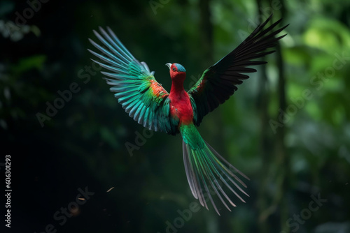 Flying Resplendent Quetzal Pharomachrus mocinno Savegre in Costa Rica with green forest in background, Magnificent sacred green and red bird, Action flight moment with Resplendent Quetzal,