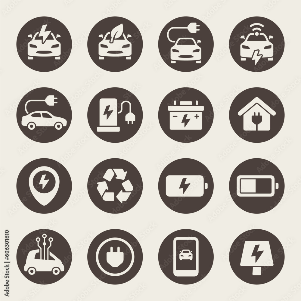 Electric cars vector icon set. Electro car charging and service icons. Electric cars vector icon set. Electro car charging and service icons.