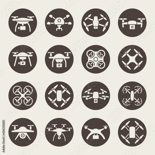 Drones vector icon set. Unmanned aerial vehicle icons.