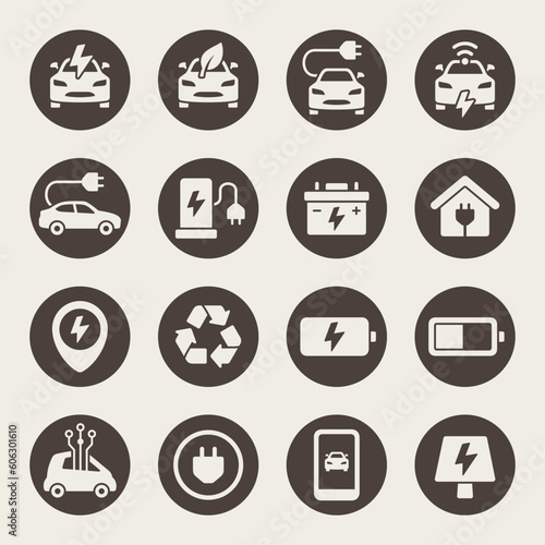 Electric cars vector icon set. Electro car charging and service icons.