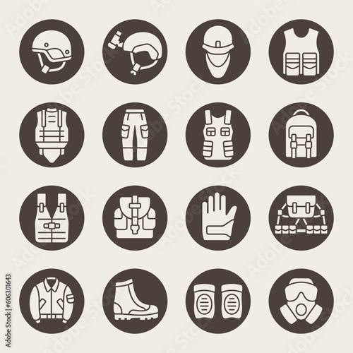 Army gear vector icon set. Military equipment and clothing icons.