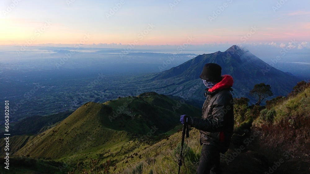 hiking in the mountains, mountain peak view, merbabu mountain peak, nature view on top of mountain height