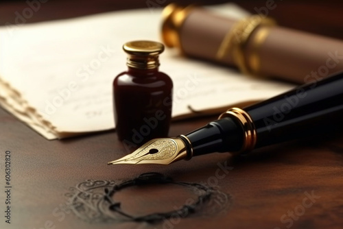 Fountain pen and notary document on desk, Law and notary public concept