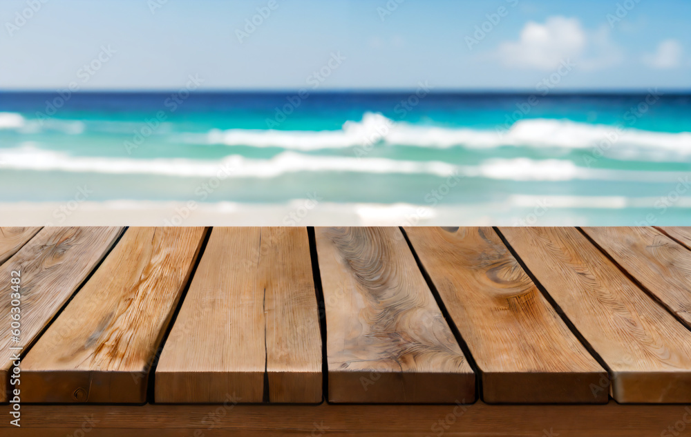 Selective focus, Wood table top on soft focus peak of mountain background. For montage product display. generative ai. Selective focus, Wood table top on soft focus peak of mountain background. For montage product display. generative ai.