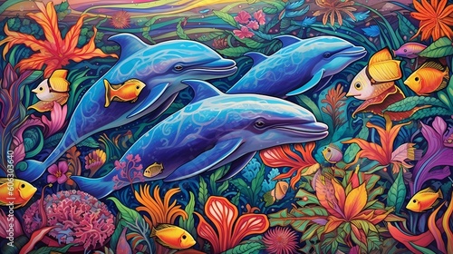 Dolphins playing at coral reef. Generative AI