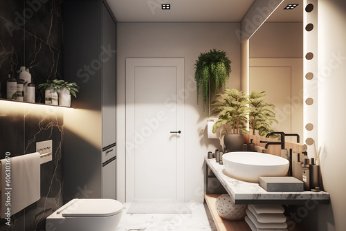 Luxury modern bathroom interior design with glass walk-in shower - Created with generative AI tools