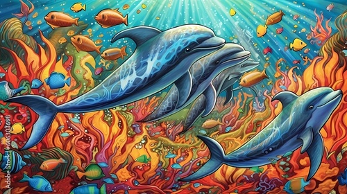 Dolphins playing at coral reef. Generative AI © Alex Bur