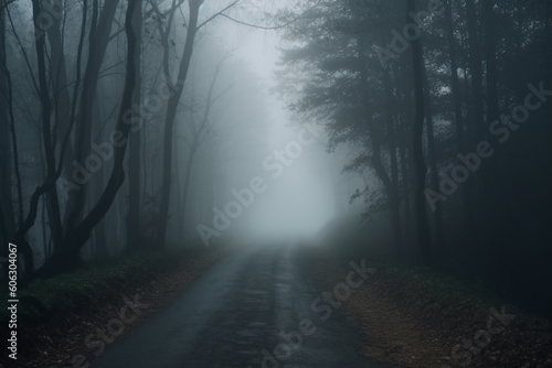 Ghost on the scary road in the paranormal world, Horrible dream, Strange forest in a fog, Mystical atmosphere, Dark wood, Mysterious road, Gothic witch, Background wallpaper, Gloomy times © alisaaa