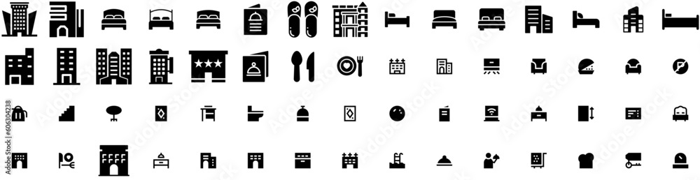 Set Of Hotel Icons Isolated Silhouette Solid Icon With Woman, Travel, Service, Vacation, Hotel, Bed, Room Infographic Simple Vector Illustration Logo Set Of Hotel Icons Isolated Silhouette Solid Icon With Woman, Travel, Service, Vacation, Hotel, Bed, Room Infographic Simple Vector Illustration Logo