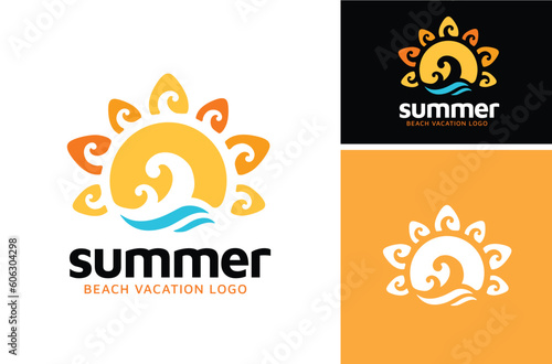 Sunset Beach Coast Island, Sun Shore Ocean Sea Wave for Summer Surf Vacation logo design inspiration