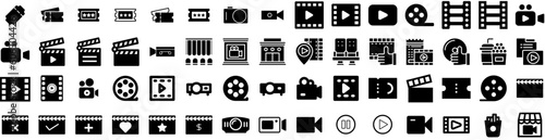 Set Of Movie Icons Isolated Silhouette Solid Icon With Cinema, Entertainment, Illustration, Movie, Film, Video, Background Infographic Simple Vector Illustration Logo