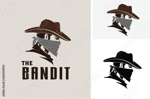 Western Gunslinger Bandit Wild West Cowboy Gangster with Bandana Scarf Mask Silhouette Logo illustration