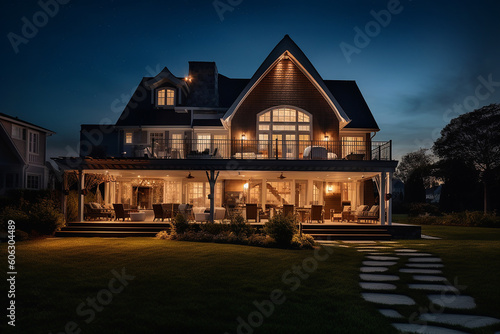 Beautiful Hampton Style Luxury House Home Building with Garden Nature View at Night