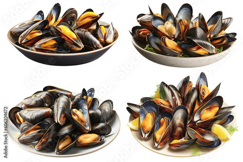 plate with cooked mussels, on a transparent background, Generative AI
