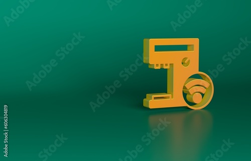 Orange Smart coffee machine system icon isolated on green background. Internet of things concept with wireless connection. Minimalism concept. 3D render illustration