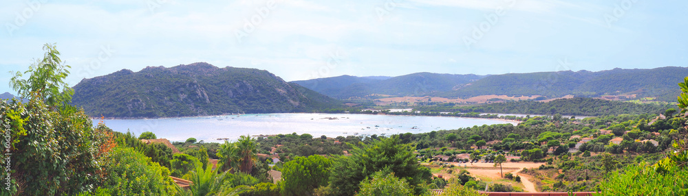 Panoramic view of the bay and Saint Cyprien beach near Porto-Vecchio, a famous port town dominated by its Genoese citadel, in Corsica (nicknamed the Island of Beauty)