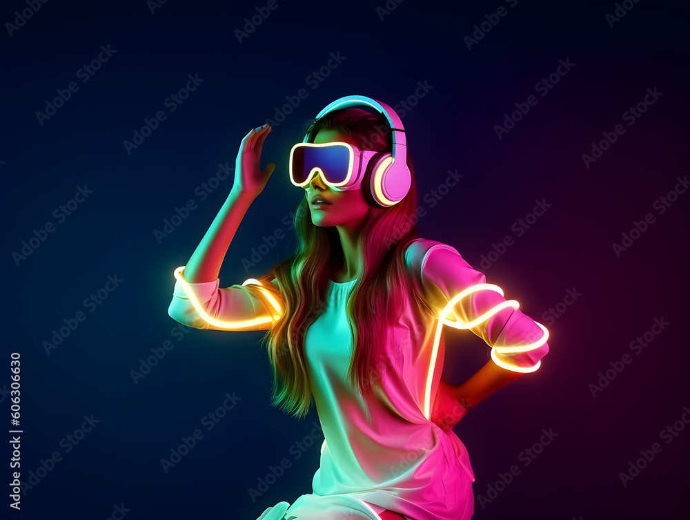 Young woman with neon lights wearing VR glasses. AI generated Young woman with neon lights wearing VR glasses. AI generated