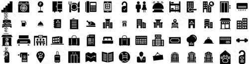 Set Of Hotel Icons Isolated Silhouette Solid Icon With Vacation, Woman, Room, Hotel, Travel, Bed, Service Infographic Simple Vector Illustration Logo