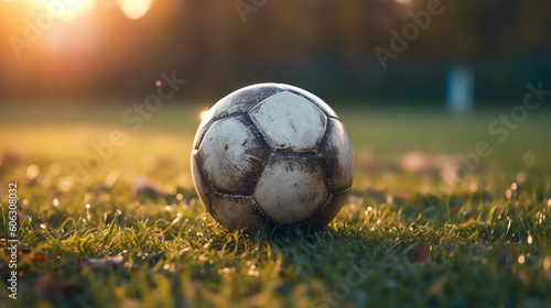 A detailed image of a worn soccer ball on a grassy fieald. generative AI