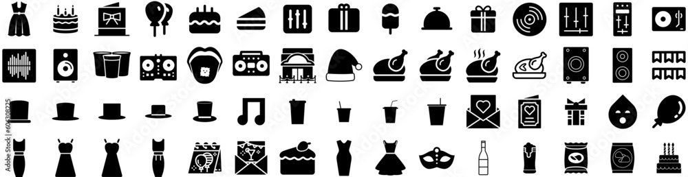 Set Of Party Icons Isolated Silhouette Solid Icon With Celebration, Confetti, Party, Vector, Holiday, Fun, Happy Infographic Simple Vector Illustration Logo Set Of Party Icons Isolated Silhouette Solid Icon With Celebration, Confetti, Party, Vector, Holiday, Fun, Happy Infographic Simple Vector Illustration Logo