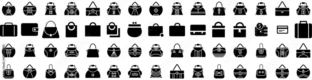 Set Of Purse Icons Isolated Silhouette Solid Icon With Purse, Style, Woman, Background, Female, Handbag, Bag Infographic Simple Vector Illustration Logo Set Of Purse Icons Isolated Silhouette Solid Icon With Purse, Style, Woman, Background, Female, Handbag, Bag Infographic Simple Vector Illustration Logo