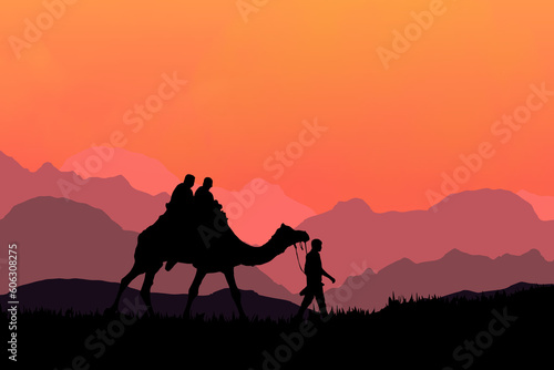 Camel and walking in sunset view, silhouette of a camel and camel riders. Caravan with camel in the desert on Mountains, Illustration. © Nature Clicks