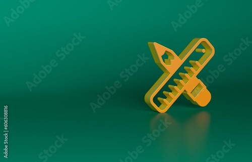 Orange Crossed ruler and pencil icon isolated on green background. Straightedge symbol. Drawing and educational tools. Minimalism concept. 3D render illustration