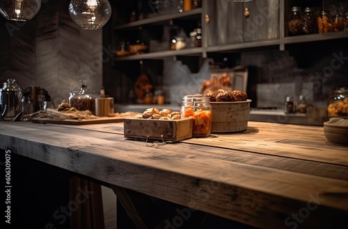 Wooden table with blurred background of cafe and bakery shop. Generative Ai.