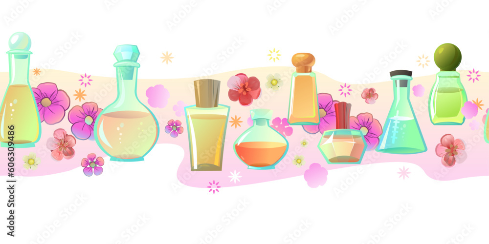 Perfumes and scents seamless horizontal. Cartoon style. Fragrant aromatic liquid in glass container. Fragrance for women and men. Isolated on white background. Vector. Perfumes and scents seamless horizontal. Cartoon style. Fragrant aromatic liquid in glass container. Fragrance for women and men. Isolated on white background. Vector.