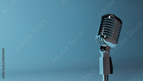 3D render - vintage microphone on a blue gradient background