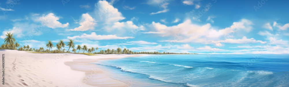 Paradise beach with palm trees, calm ocean, sunshine and blue sky. Panoramic banner of a peaceful landscape - Generative AI