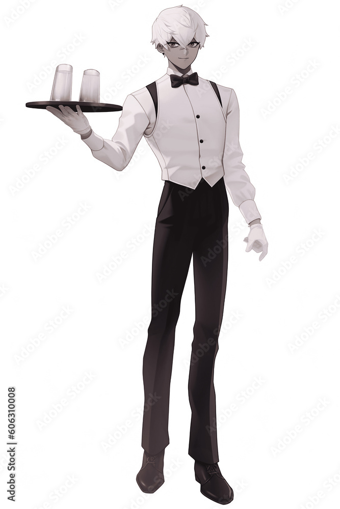ウェイターの男性キャラクターの全身イラスト(AI generated image) ウェイターの男性キャラクターの全身イラスト(AI generated image)